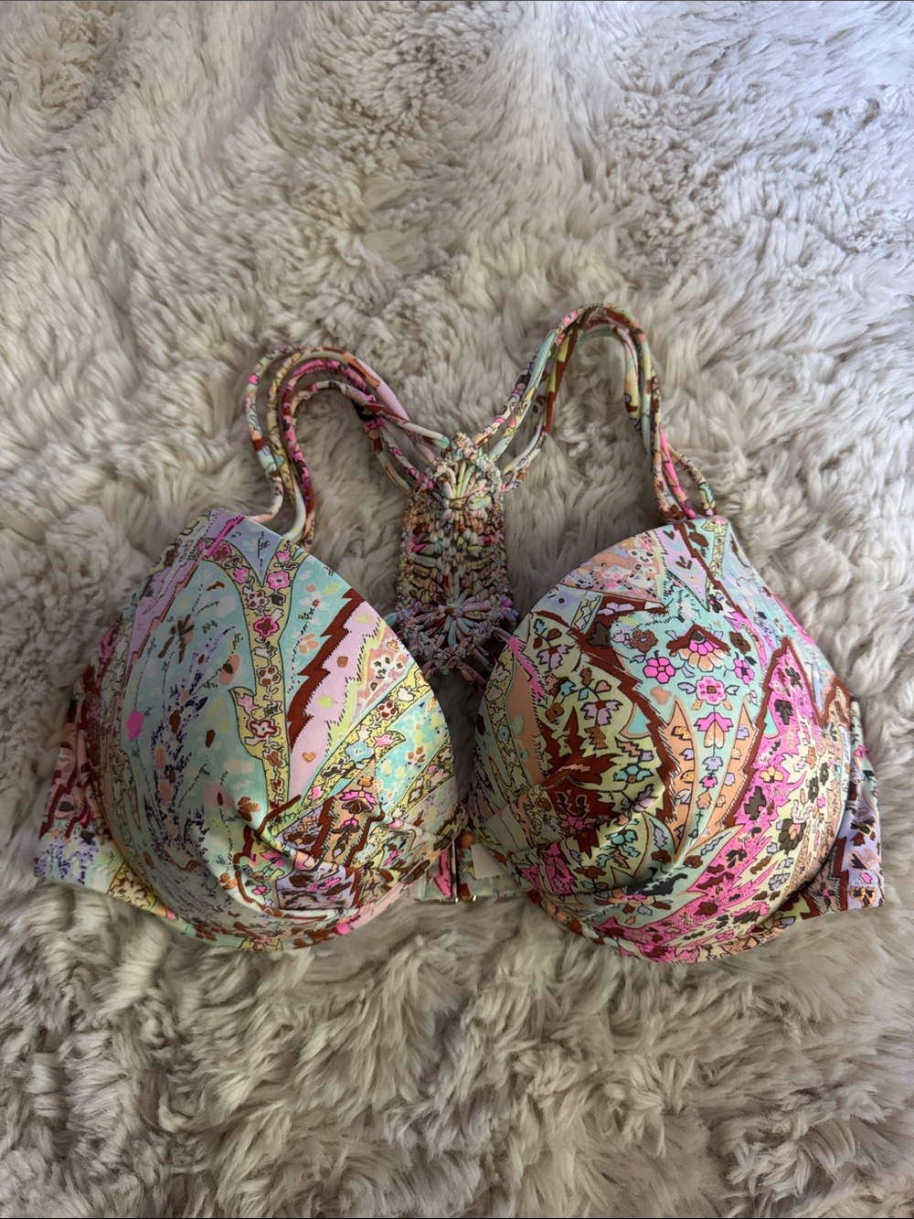 34DD Floral Paisley Padded Racerback Bra in Mint & Pink